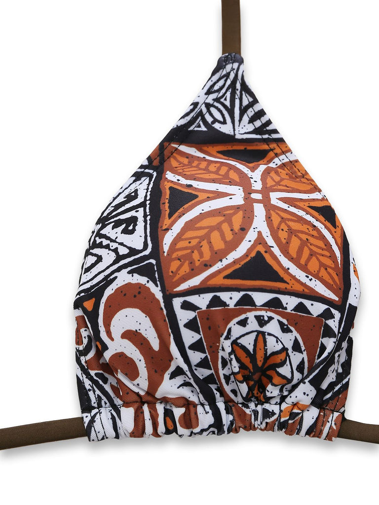 3PCS Kaffee 1970er Ethno Muster Bikini Set & Cover-Up