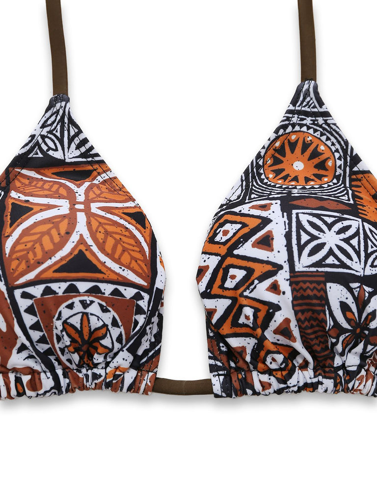 3PCS Kaffee 1970er Ethno Muster Bikini Set & Cover-Up