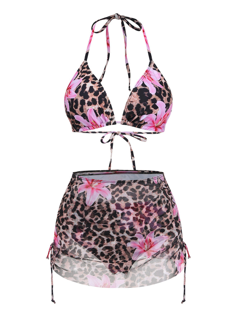 [Vorverkauf] 3PCS 1960er Leopard Druck Blumen Bikini Set & Cover Up