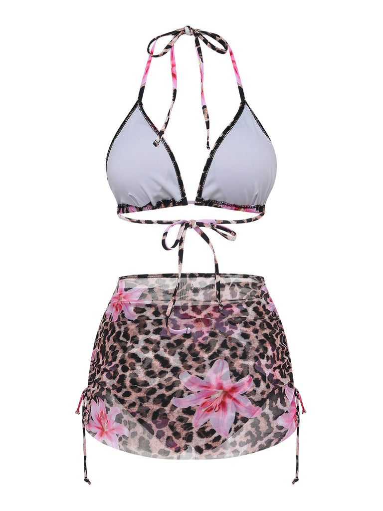 [Vorverkauf] 3PCS 1960er Leopard Druck Blumen Bikini Set & Cover Up