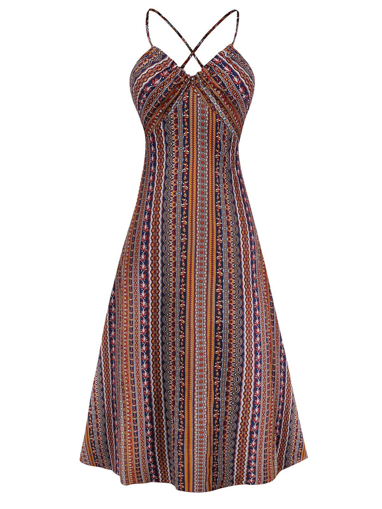 1970er Unregelmäßiger Druck Rückenfrei Boho Kleid
