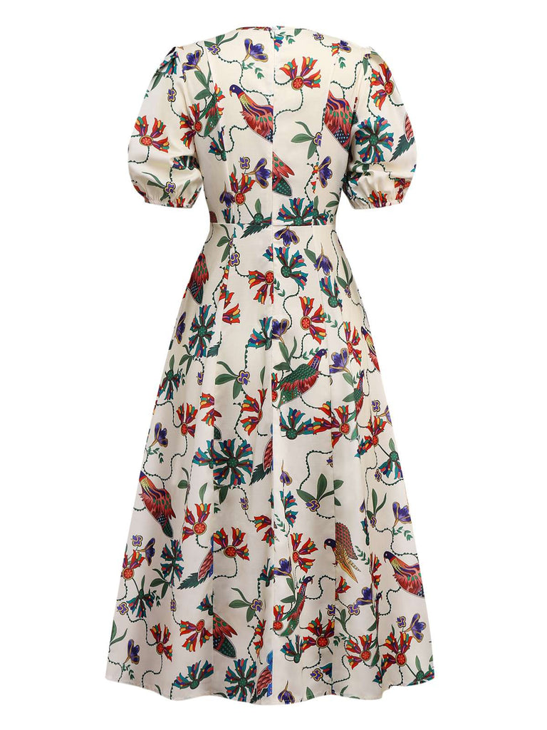 Beige 1940er Blumen & Vögel Druck Puffärmel Kleid