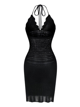 Schwarz 1970er Solide Halter Stricken Kleid