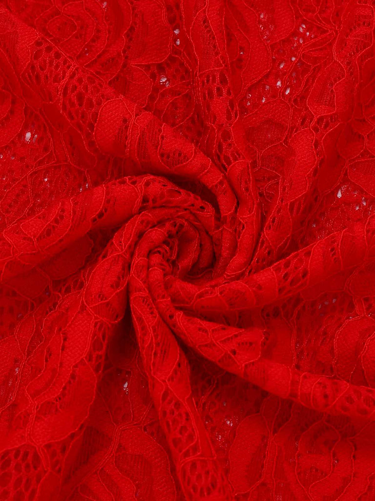 Rot 1980er Hochkragen Sheer Spitze Bodycon Maxi Kleid