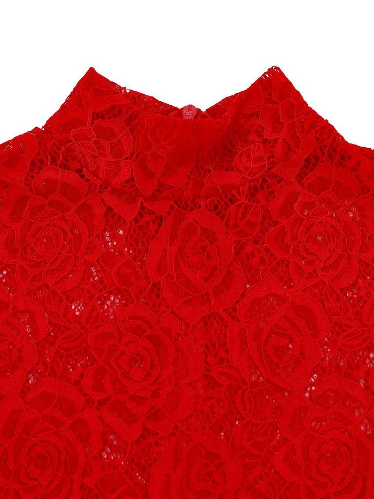 Rot 1980er Hochkragen Sheer Spitze Bodycon Maxi Kleid