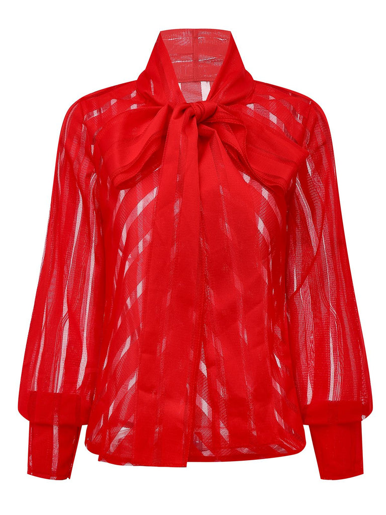 1980er Solide Sheer Netz Streifen Bogen Tie Bluse