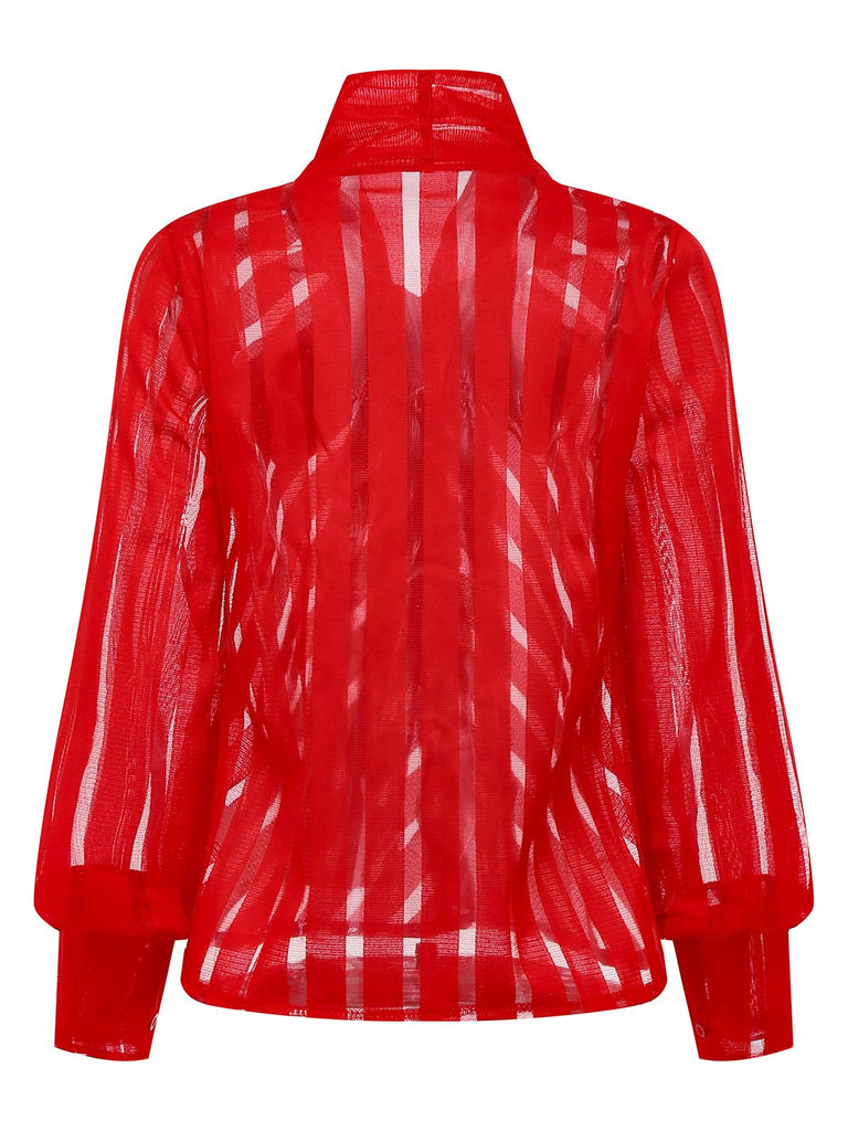 1980er Solide Sheer Netz Streifen Bogen Tie Bluse
