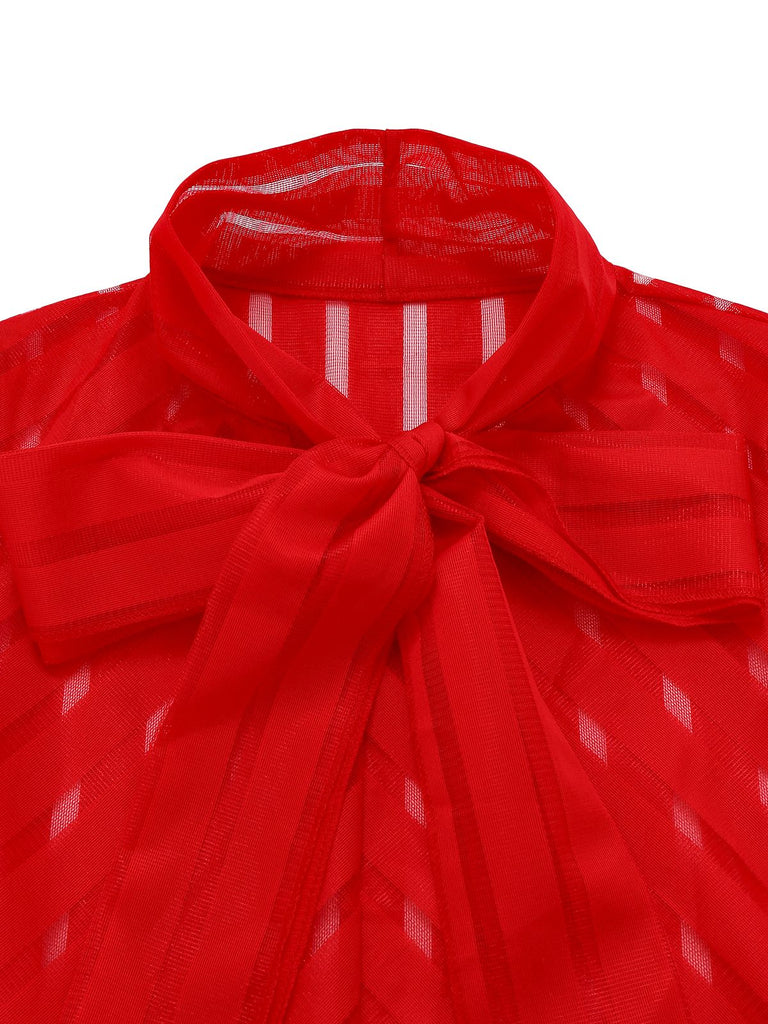 1980er Solide Sheer Netz Streifen Bogen Tie Bluse