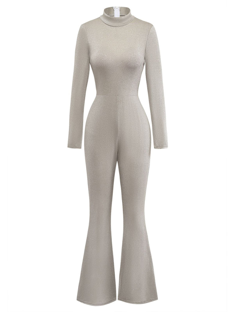 Beige 1980er Glitzer Samt Ausgestellt Rollkragen Jumpsuit