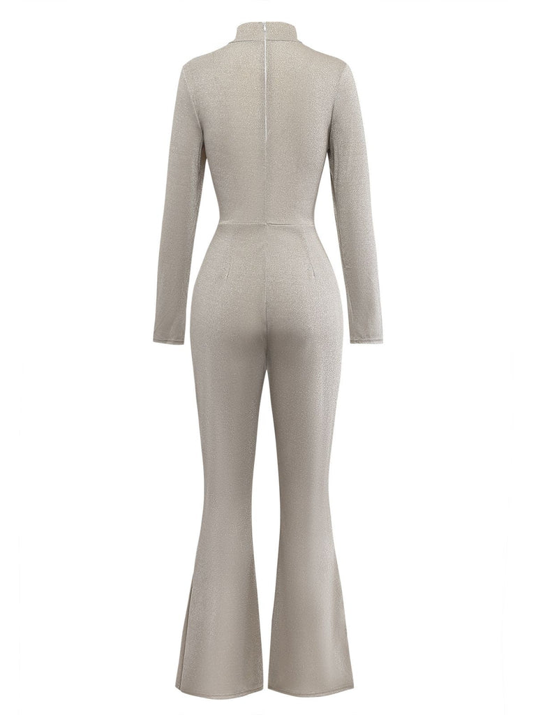 Beige 1980er Glitzer Samt Ausgestellt Rollkragen Jumpsuit