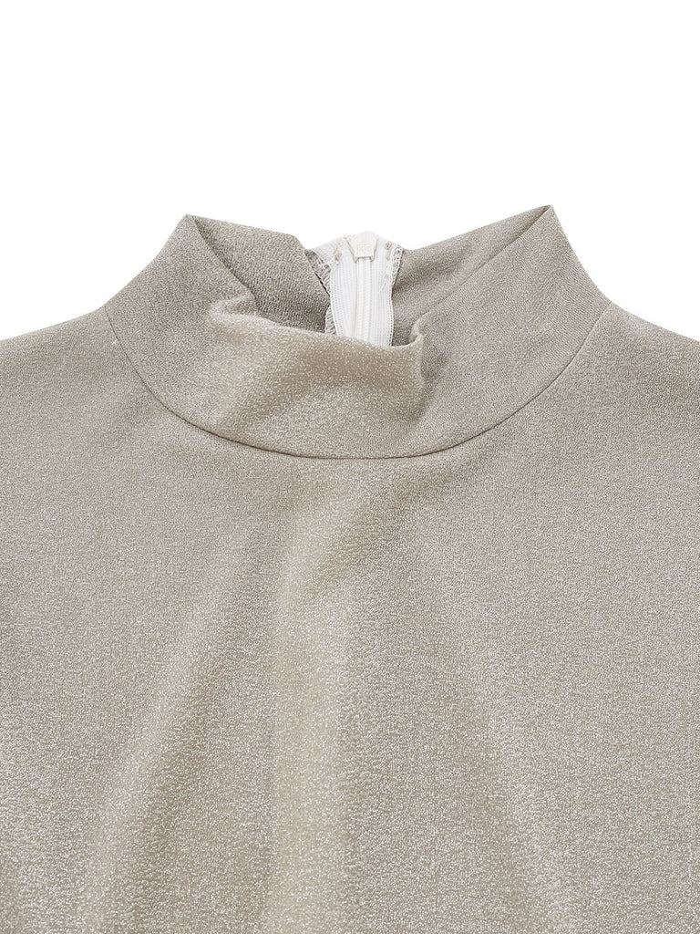 Beige 1980er Glitzer Samt Ausgestellt Rollkragen Jumpsuit