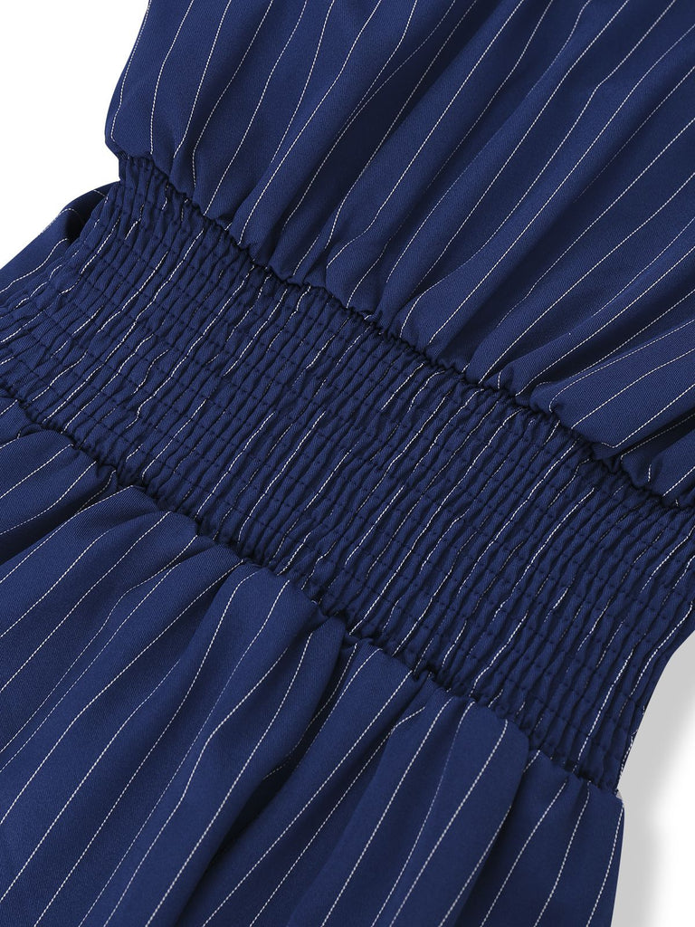 Blau 1960er V-Ausschnitt Wickeln Streifen Hemd Kleid