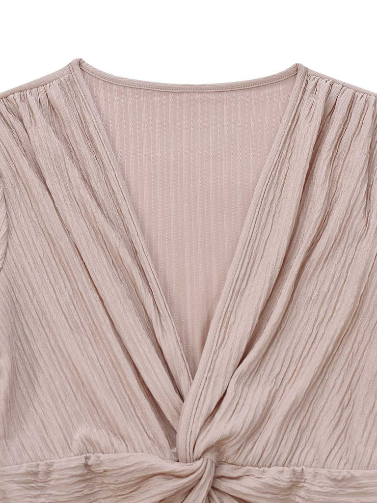 1970er Solide V-Ausschnitt Twist Langarm Jumpsuit