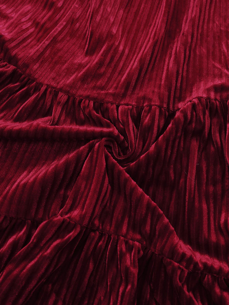 Burgunderrot 1960er Bogen Kragen Solide Samt Rüschen Kleid