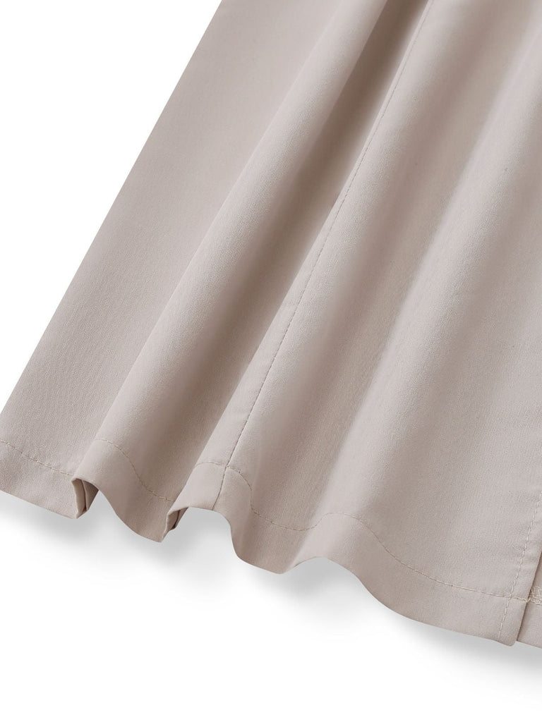 Khaki 1940er Farbblock Revers Durchgeknöpft Midi Kleid