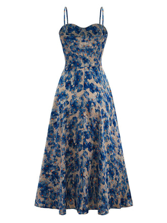 Blau 1940er Blumen Spaghetti Träger Kleid