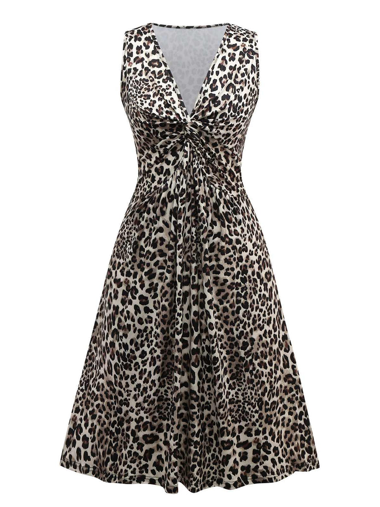 1950er Leopard Plissiertes Breite Träger Kleid