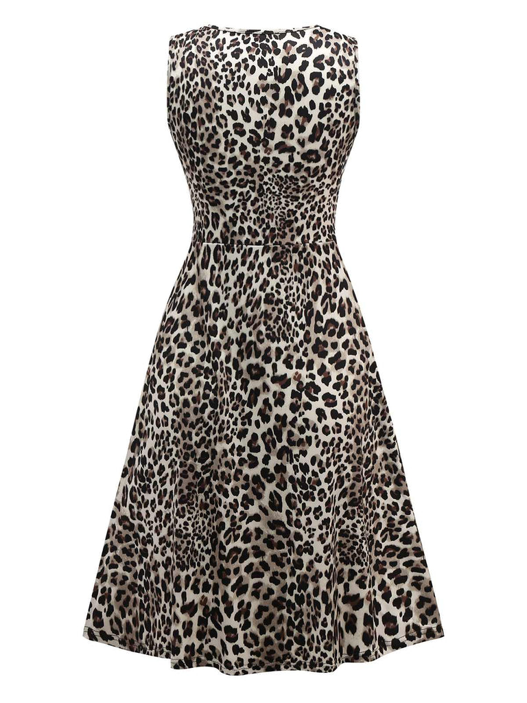 1950er Leopard Plissiertes Breite Träger Kleid