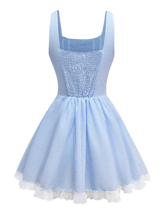 Hellblau 1950er Gingham Spitze Träger Swing Kleid