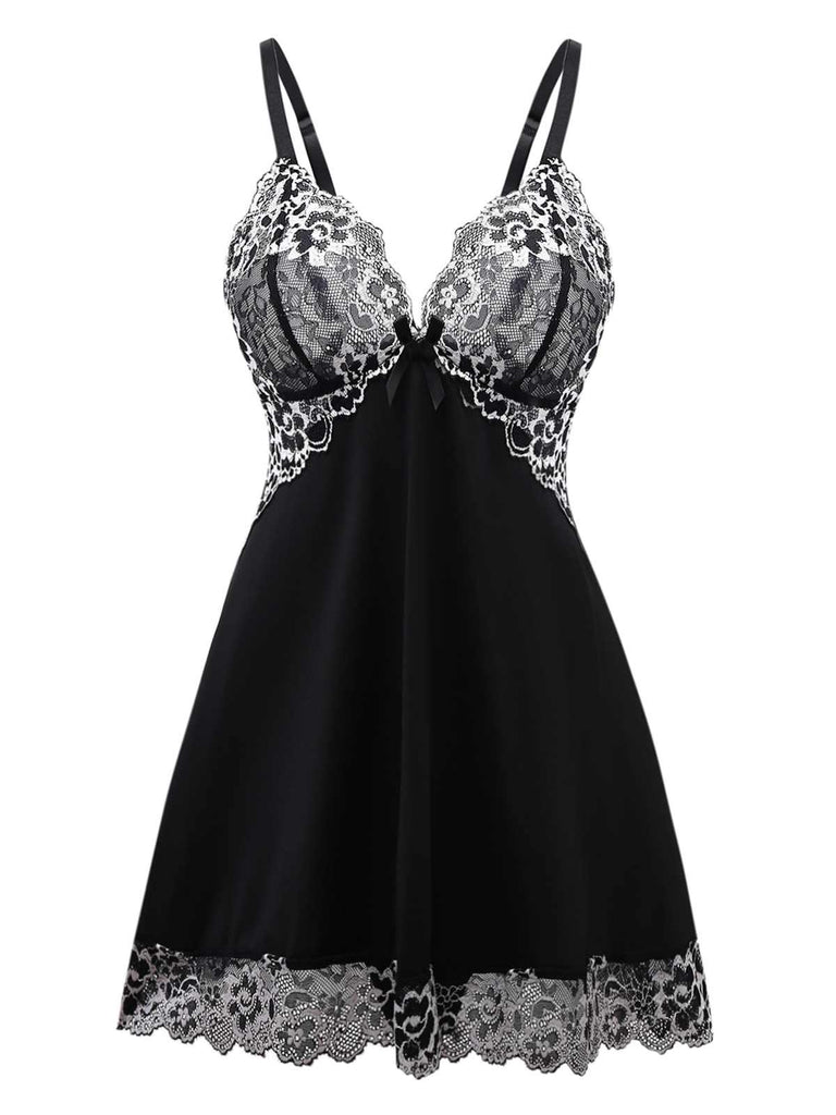 2PCS Schwarz 1950er Samt Spitze Slip Set & Höschen