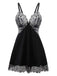 2PCS Schwarz 1950er Samt Spitze Slip Set & Höschen
