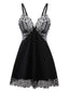 2PCS Schwarz 1950er Samt Spitze Slip Set & Höschen