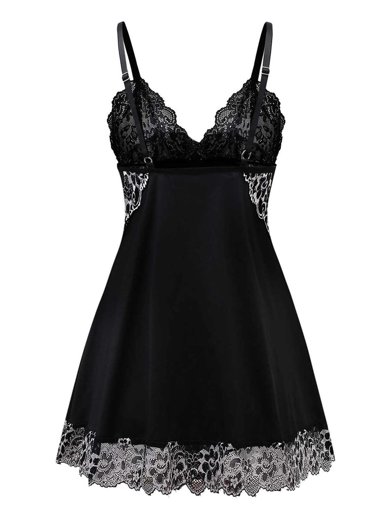 2PCS Schwarz 1950er Samt Spitze Slip Set & Höschen