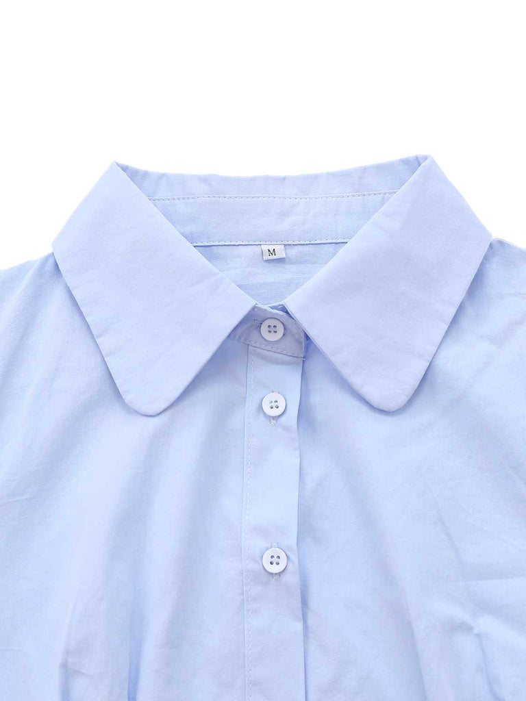 Hellblau 1970er Solide Tailliert Bluse