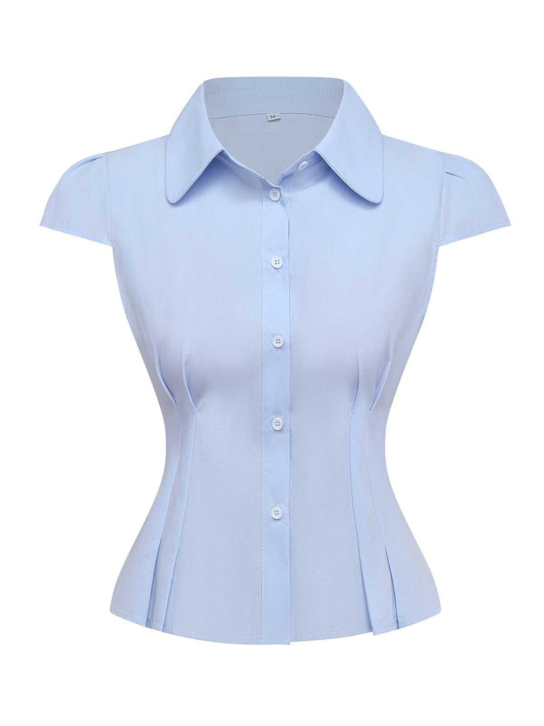 Hellblau 1970er Solide Tailliert Bluse