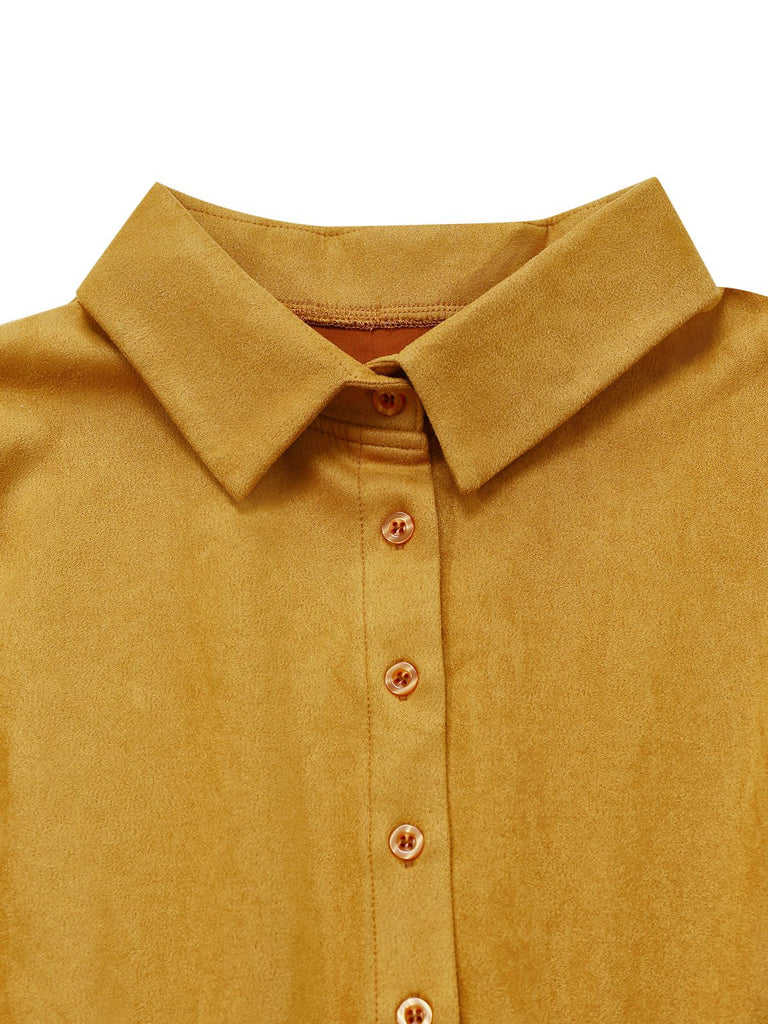 1930er Wildleder Knopf Vorne Gürtel Hemd Kleid