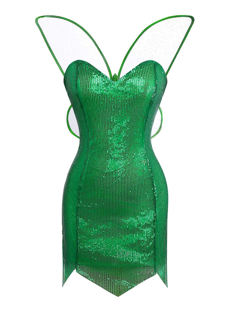Grün 1970er Funkelnd Fee Kostüm Kleid Mit Flügel