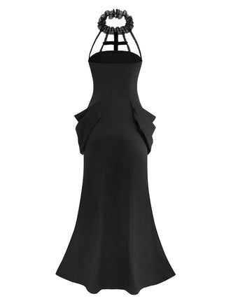 Schwarz 1930er Gothic Spitze Halter Meerjungfrauen Kleid