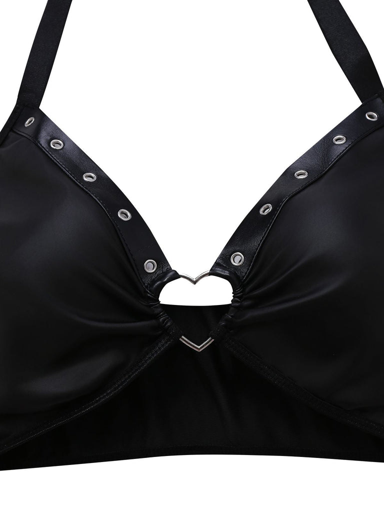 Schwarz 1960er PU Leder Herz Cutout Lingerie 3-Stück Set