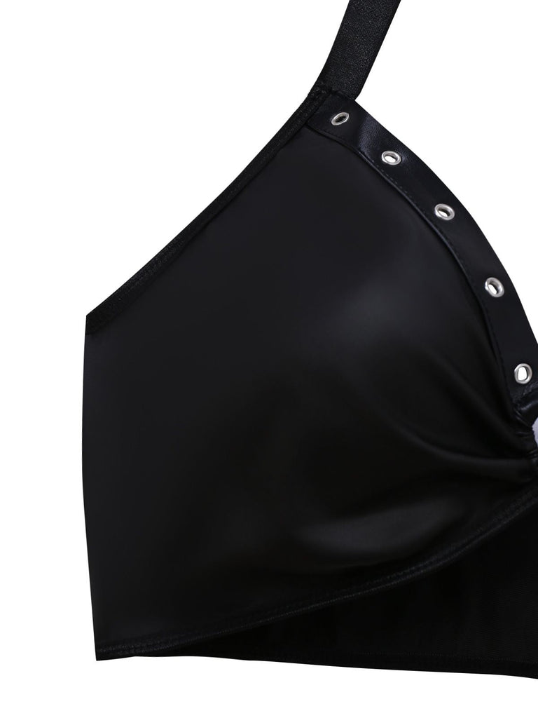 Schwarz 1960er PU Leder Herz Cutout Lingerie 3-Stück Set