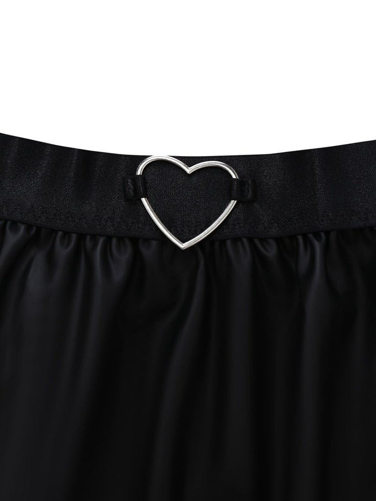 Schwarz 1960er PU Leder Herz Cutout Lingerie 3-Stück Set