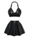 Schwarz 1960er PU Leder Herz Cutout Lingerie 3-Stück Set