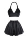 Schwarz 1960er PU Leder Herz Cutout Lingerie 3-Stück Set