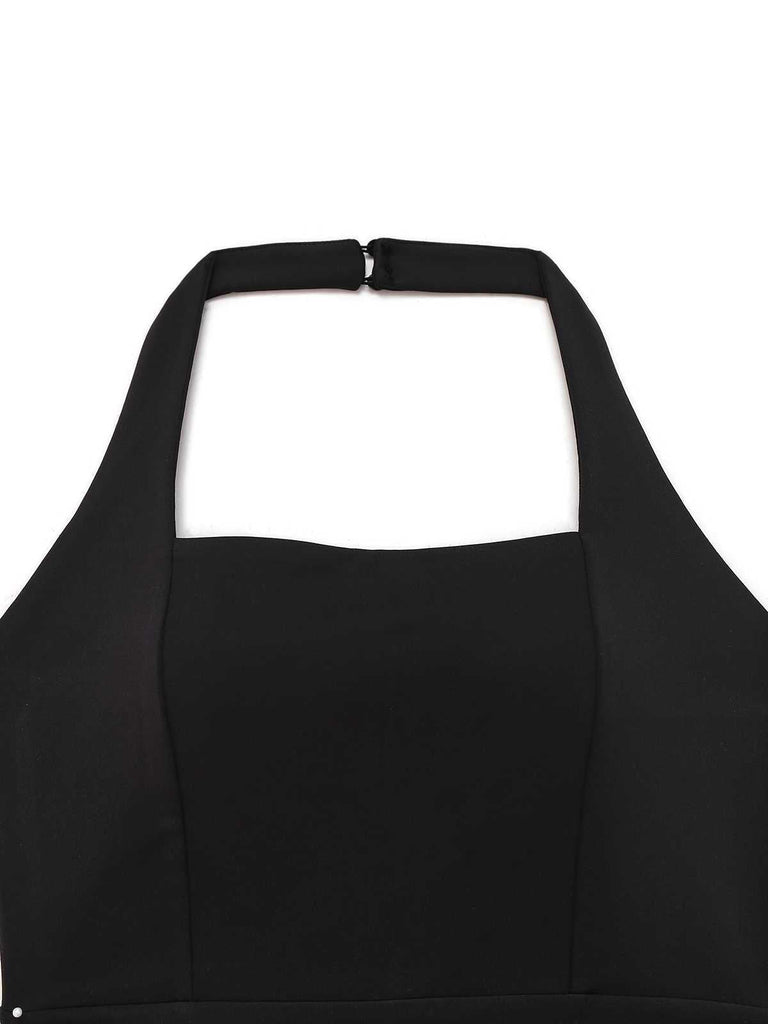 1960er Halter Farbblock Weites Bein Rückenfrei Jumpsuit