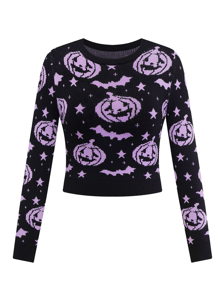 Schwarz 1970er Halloween Kürbis Schläger Strickpullover