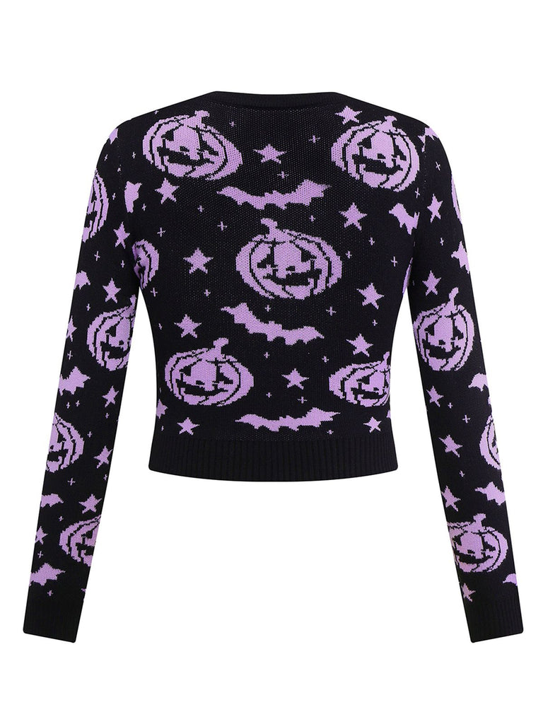 Schwarz 1970er Halloween Kürbis Schläger Strickpullover