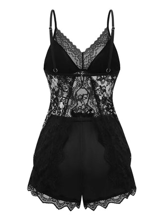 Schwarz 1950er Slip Spitze Blumen Pyjama