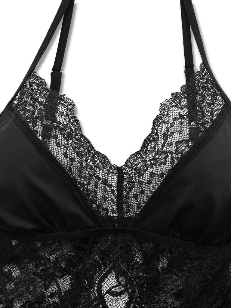 Schwarz 1950er Slip Spitze Blumen Pyjama