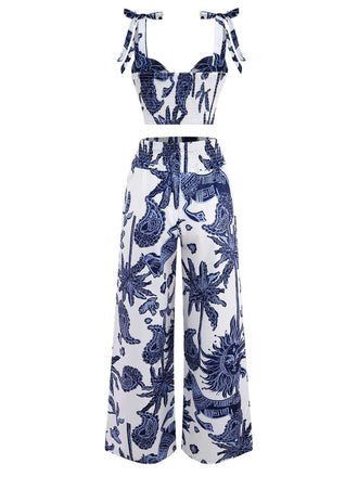 2PCS Blau 1970er Boho Kurzes Top & Hosen