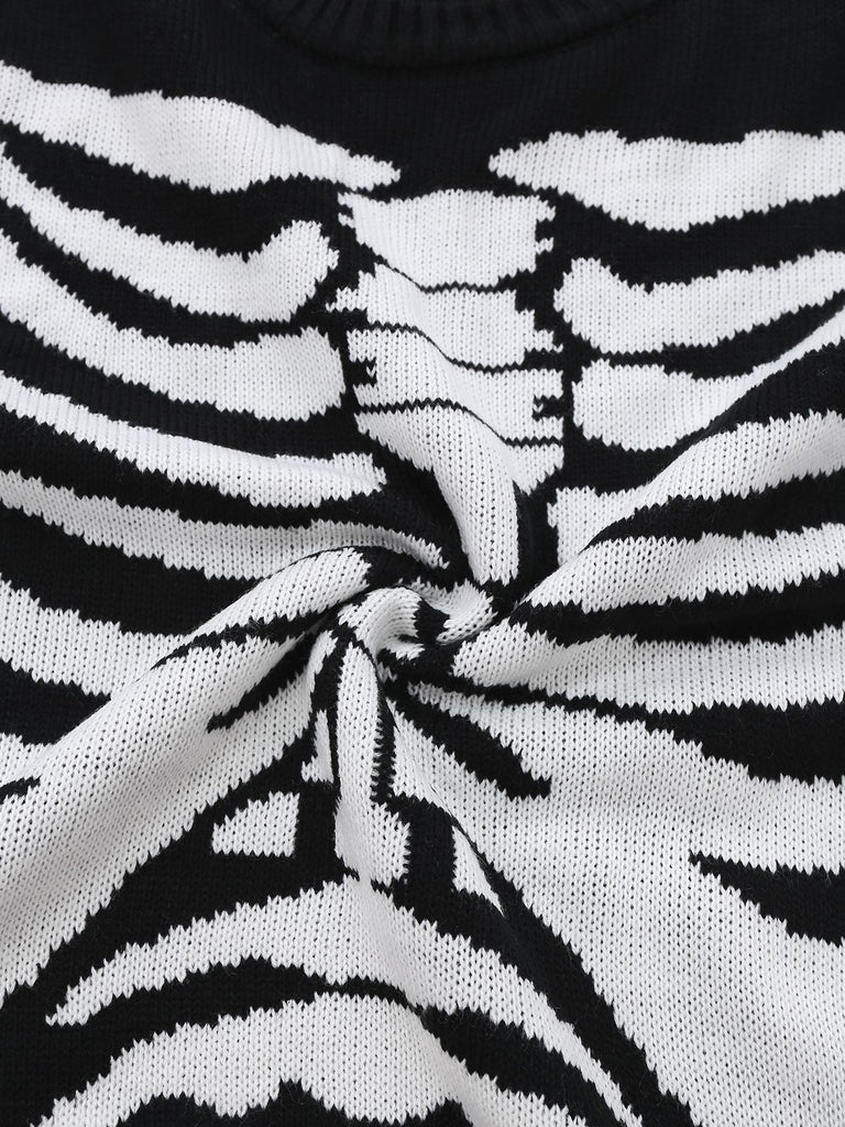 Schwarz 1950er Halloween Skeleton Druck Strick Pullover