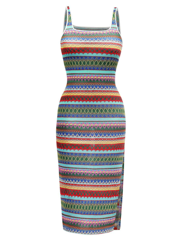 Multicolor 1960er Spaghetti Träger Seitenschlitz Bleistift Kleid