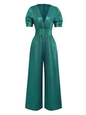 1970er Metallisch V-Ausschnitt Weites Bein Jumpsuit