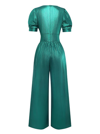1970er Metallisch V-Ausschnitt Weites Bein Jumpsuit