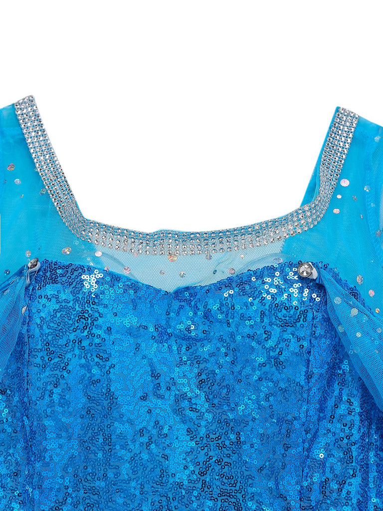 Blau 1970er Solide Pailletten Elsa Cape & Kleid