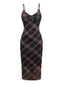 Braun 1930er Plaid Suspender V-Ausschnitt Schlank Maxi Kleid