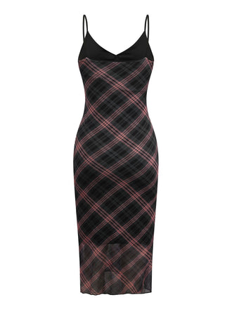 Braun 1930er Plaid Suspender V-Ausschnitt Schlank Maxi Kleid